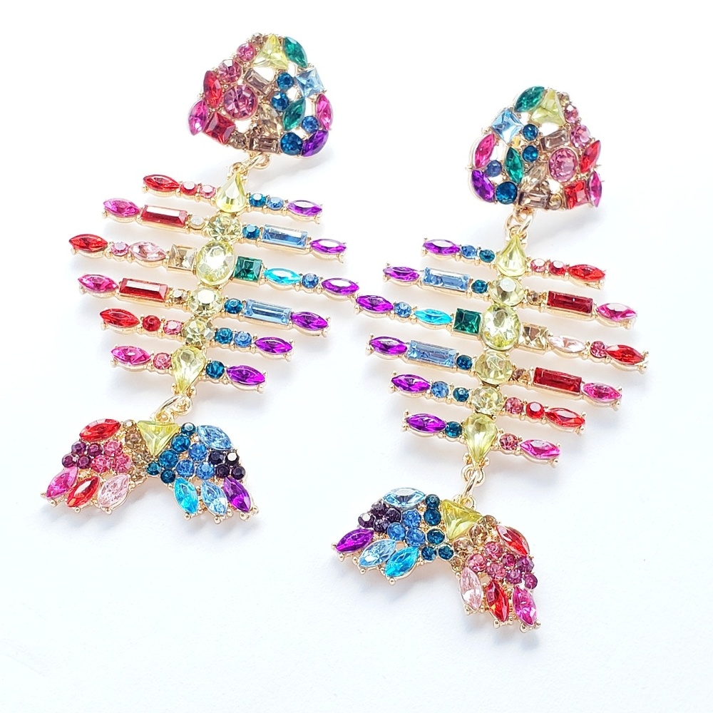 Fish Bone Multicolored Rhinestone Earrings